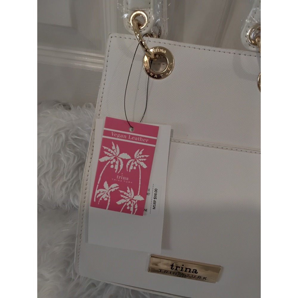 Trina Turk White Vegan Leather Double Handle Crossbody Bag Front Slip Pocket NEW - Picture 2 of 8